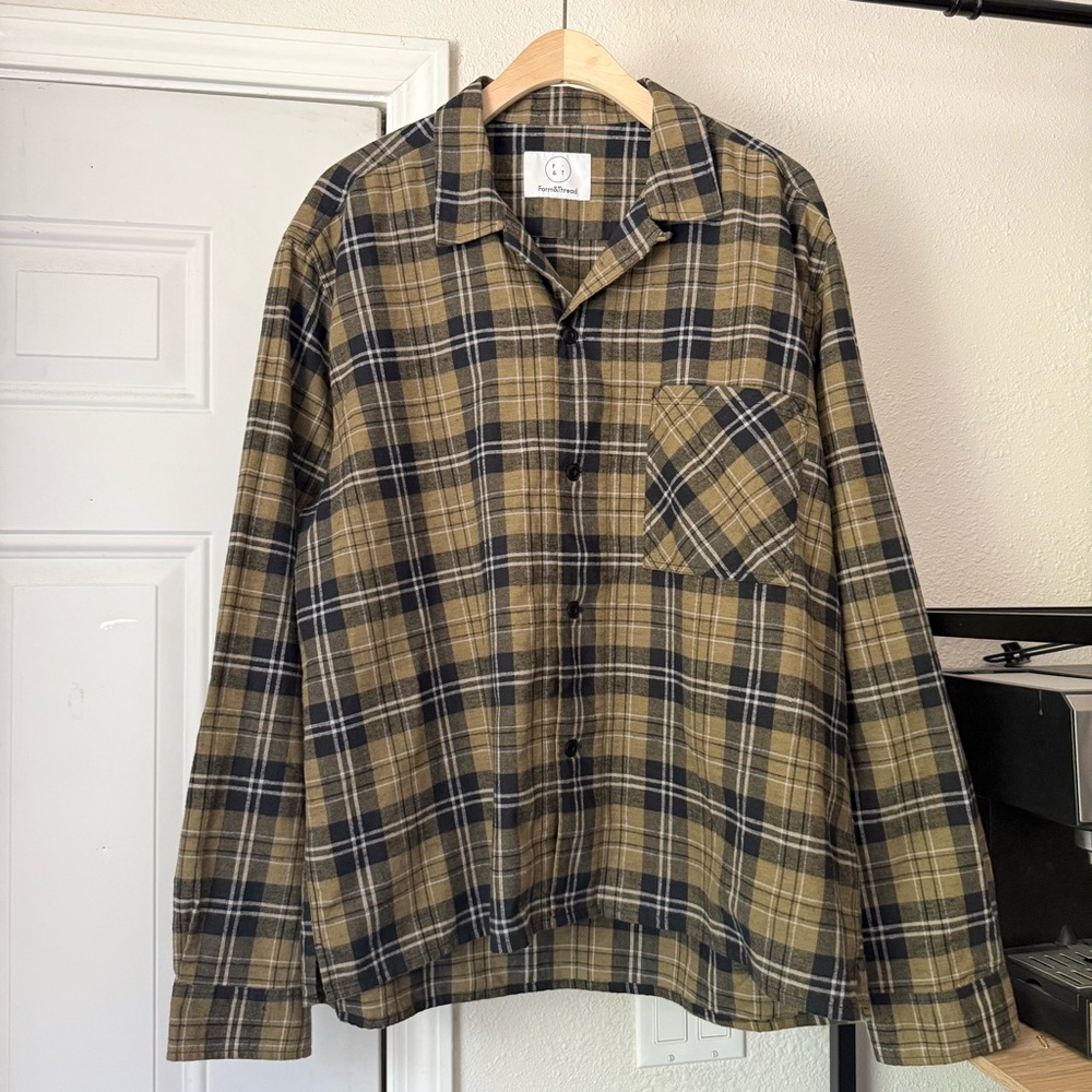 FORM & THREAD olive army green cotton linen plaid boxy oversized button up shirt